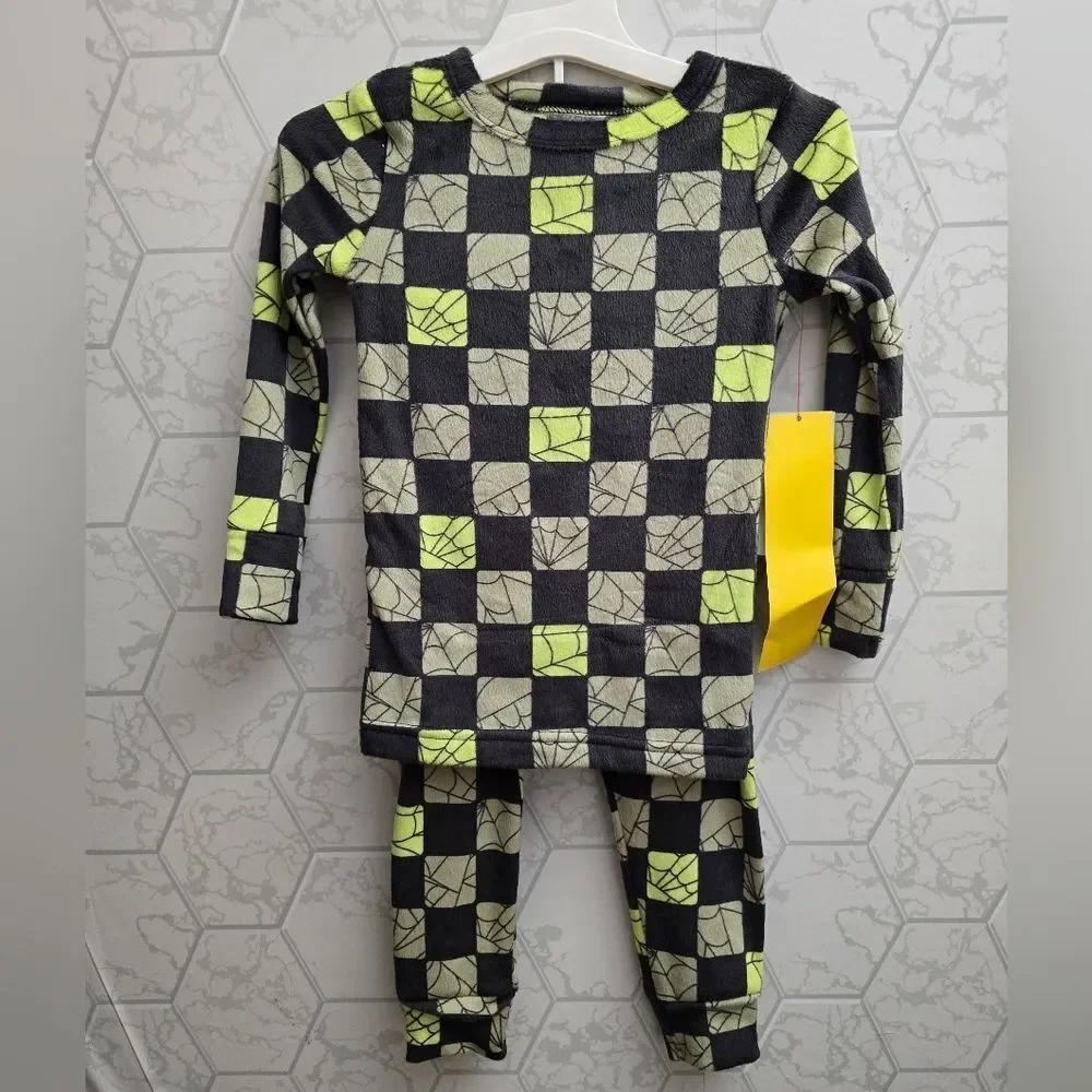 New Toddler Snuggly Soft Checkered Spiderweb Halloween Pajama Set 2T